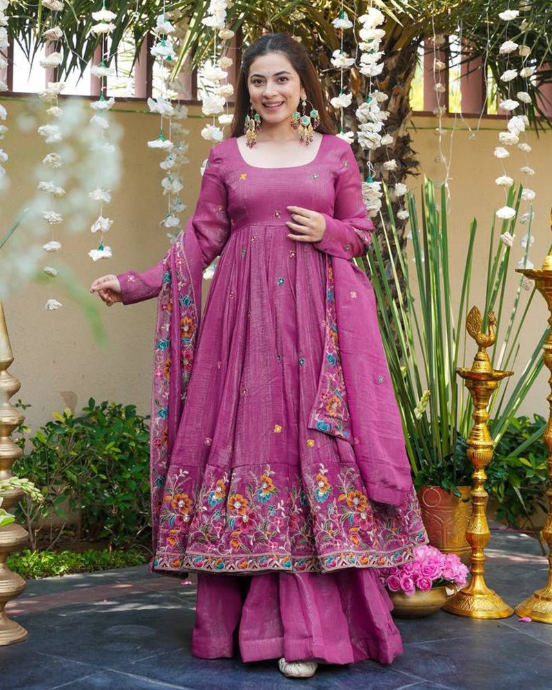 Onion Color Crunchy Silk Embroidered Sharara Suit