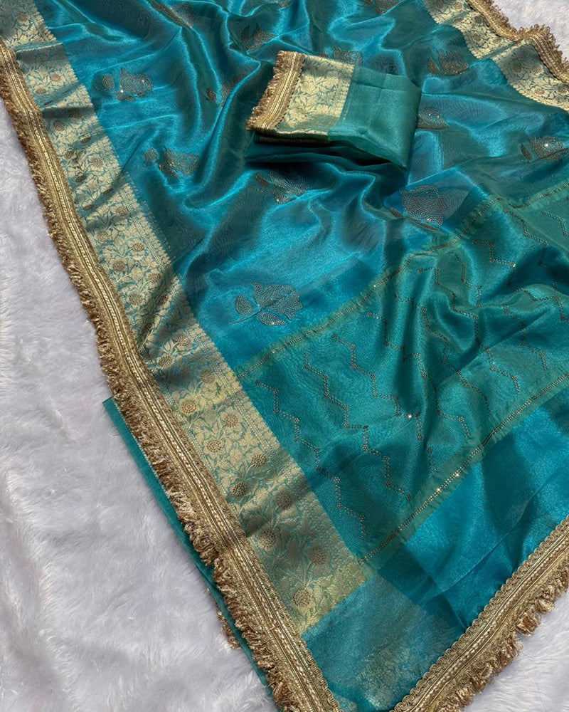 Premium Firozi Color Organza Tissue Silk Saree
