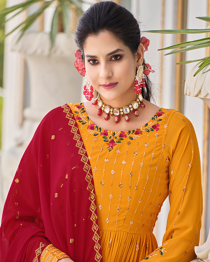 Embriodered Mustard Yellow Color Georgette Three Piece Palazzo Suit