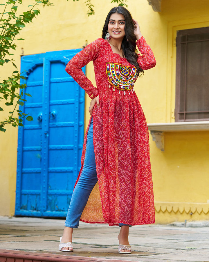 Elegant Red Georgette Bandhani Print Kurti