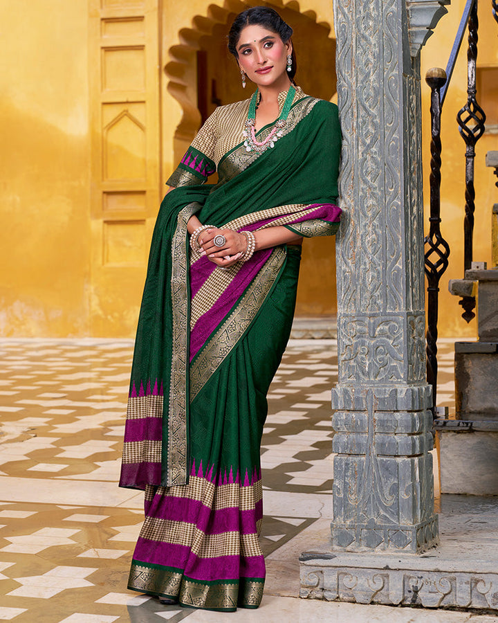 Green Color Poly Cotton Printed Saree