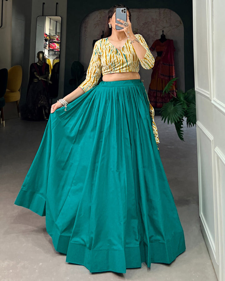 Teal Green Color Cotton Shibori Printed Navratri Lehenga Choli