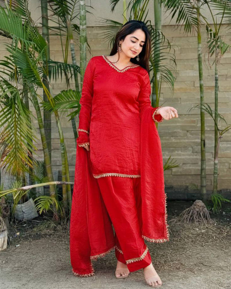 Red Color Fendi Satin Silk Farshi Salwar Suit