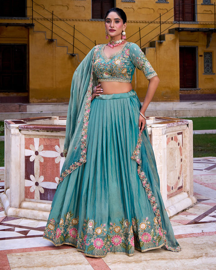 Sky Blue Color Zari Shimmer Thread Embroidered Lehenga Choli