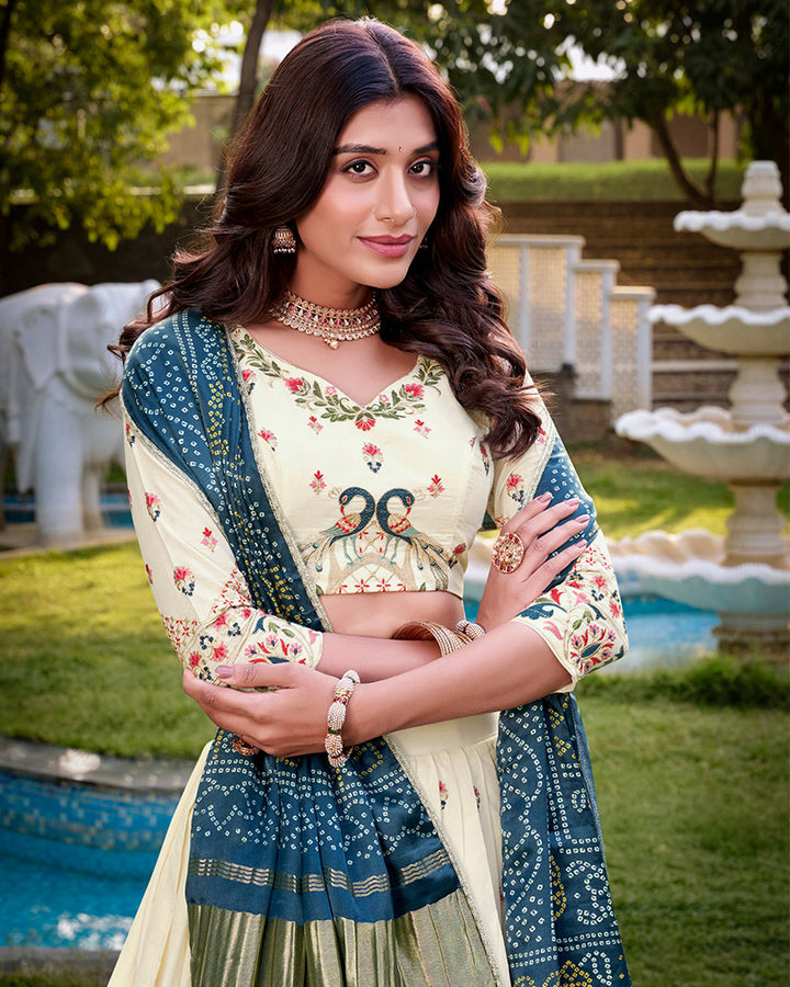 Peacock Design Off-White Color Khadi Cotton Embroidered Lehenga Choli