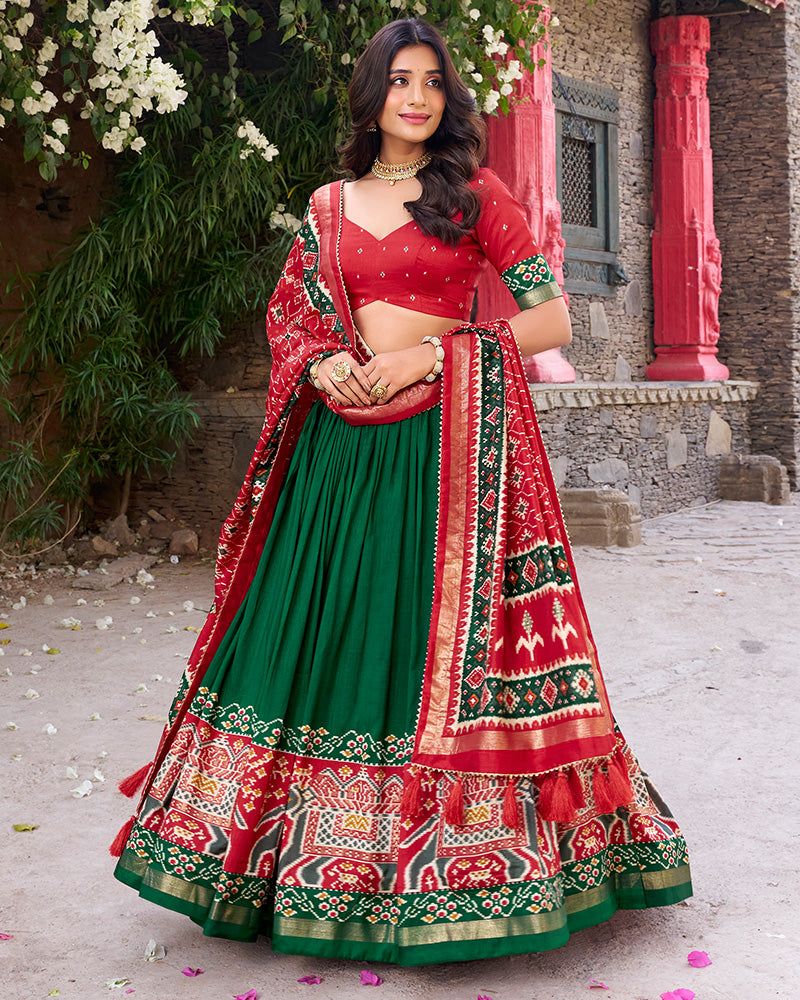 Designer Patola Printed Green Color Tussar Silk Lehenga Choli
