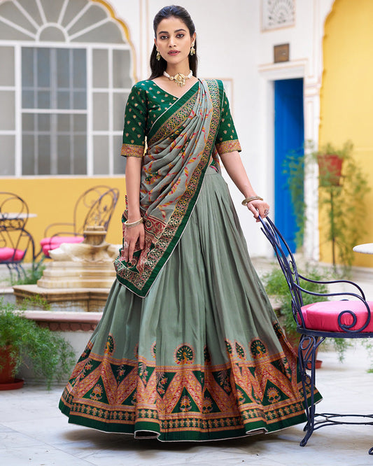 Green Color Tasar Silk Printed Sparkle Lehenga Choli