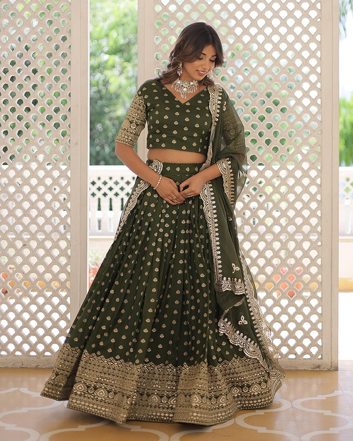 Designer Mehndi Color Viscose Jacquard Lehenga Choli