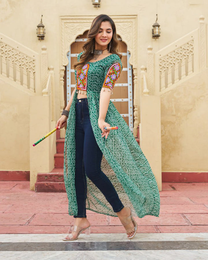 Green Festival Wear Faux Georgette Kutchi Work Kurti