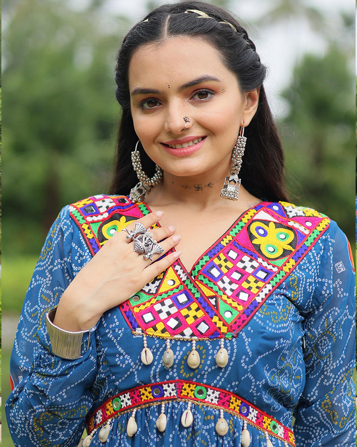 Navratri Special Blue Color Faux Georgette Bandhani Print Gown