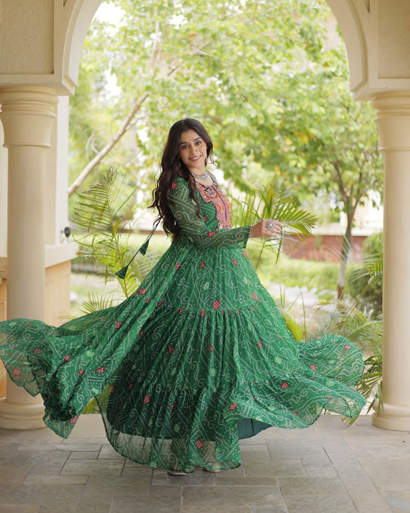 Green Color Bandhani Print Faux Georgette Navratri Gown