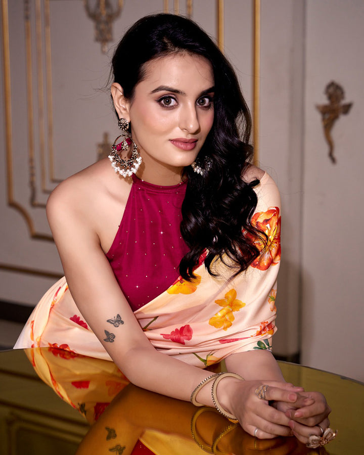 Designer Cream Color Satin Silk Printed Saree