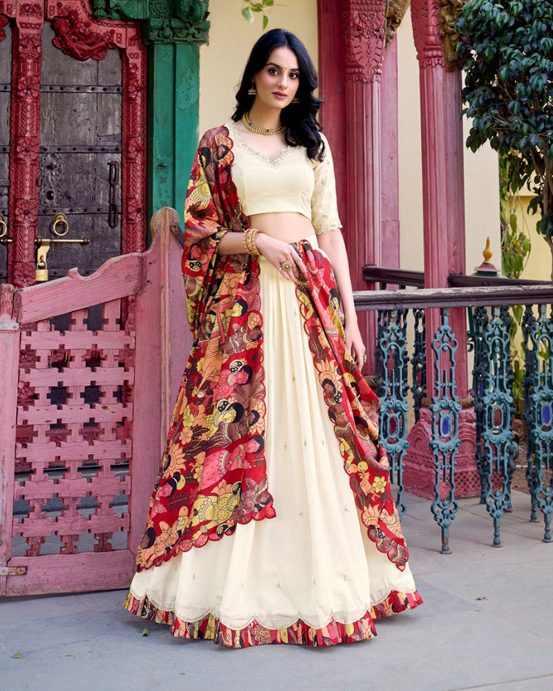 Designer Off White Color Vichitra Silk Lehenga Choli
