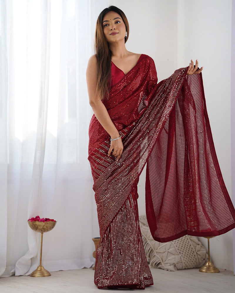 Red Color Heavy Georgette Sequence Embroidered Saree