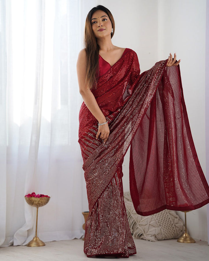 Red Color Heavy Georgette Sequence Embroidered Saree