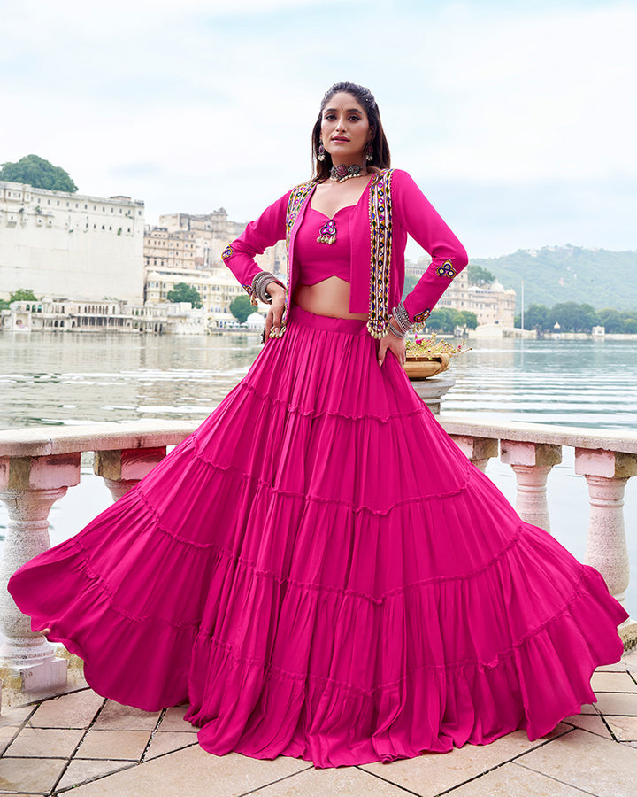 Pink Color Pure Rayon Ruffle Style Navratri Lehenga Choli