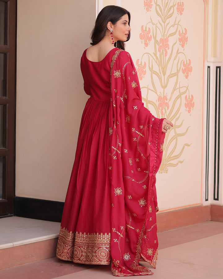 Designer Rani Pink Color Star Georgette Embroidered Gown