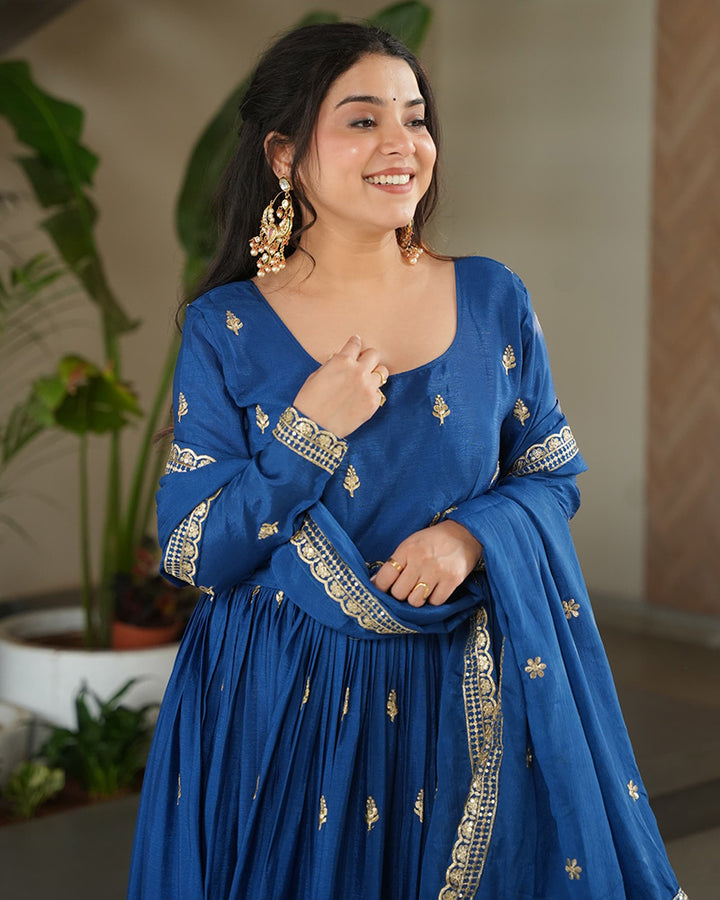 Beautiful Rama Color Chinnon Gown With Embroidered Dupatta