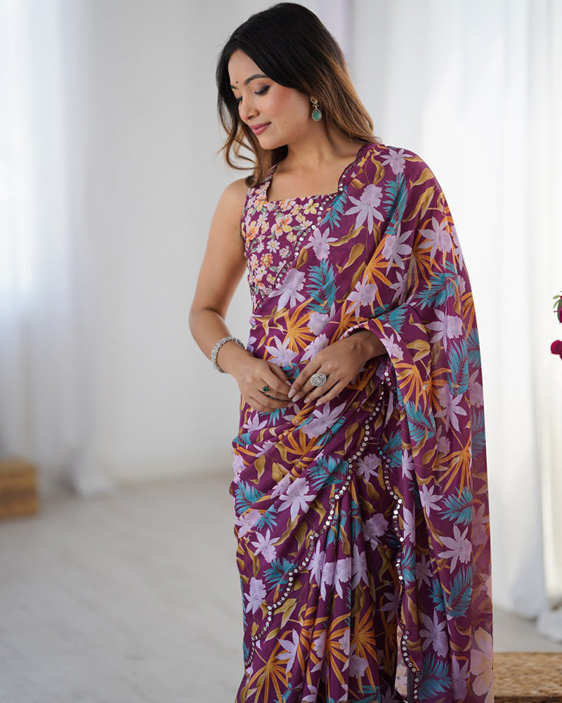 Wine Color Chinnon Silk Mirror Work Saree