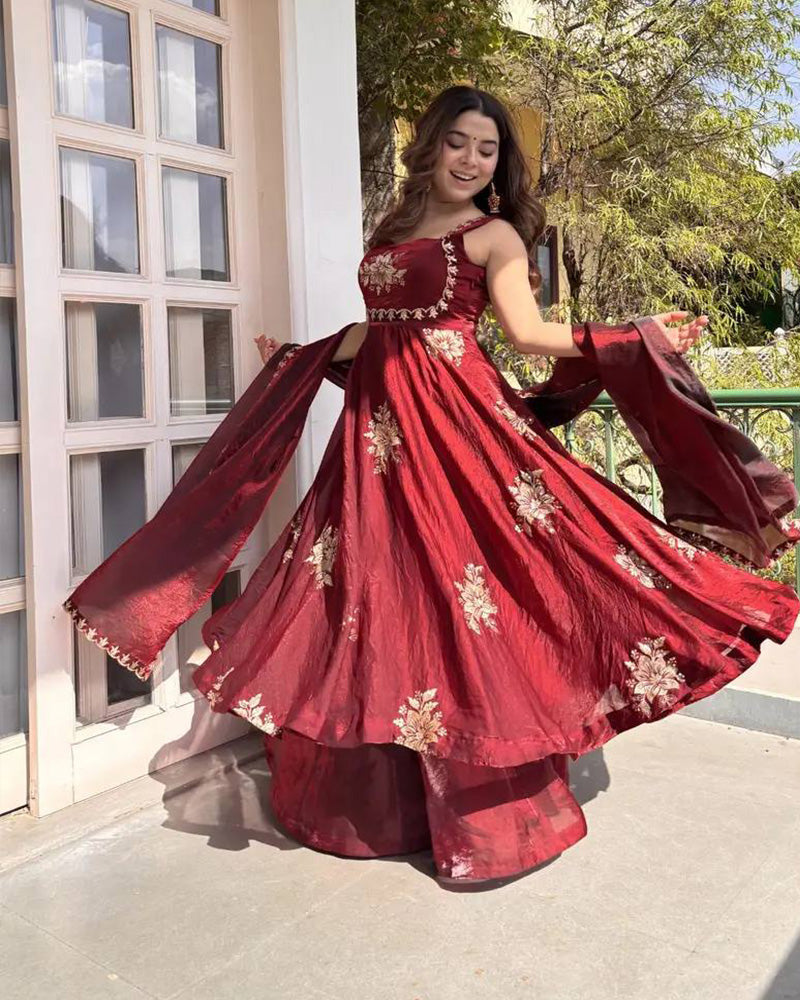 Maroon Color Fendi Satin Zari Sequence Party Gown