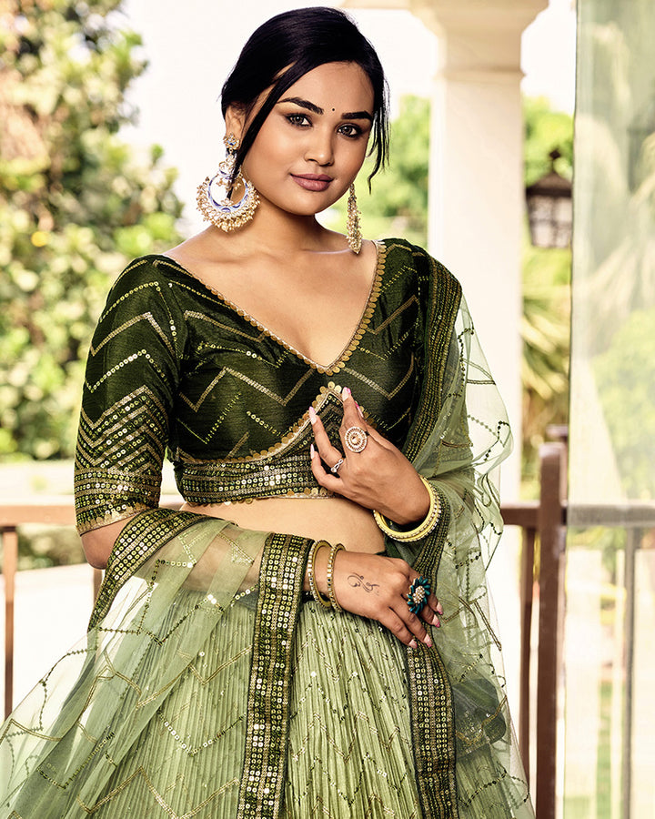 Green Color Chinon Sequence Embroidered Lehenga Choli