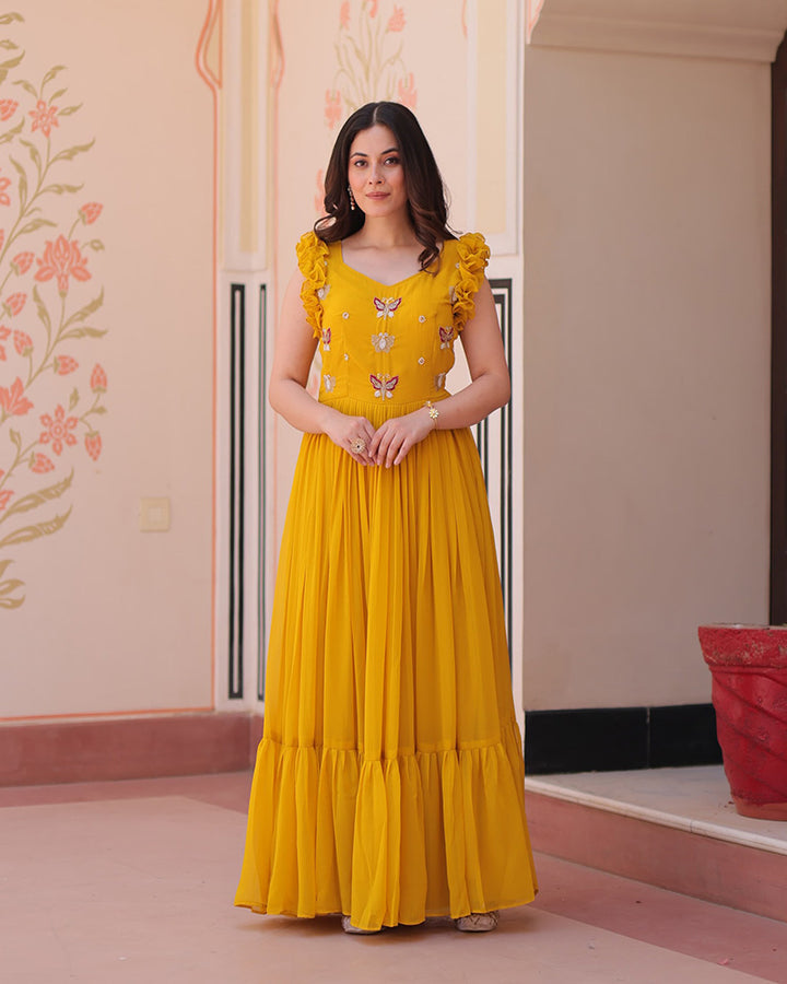 Designer Yellow Color Faux Blooming Embroidered work Gown
