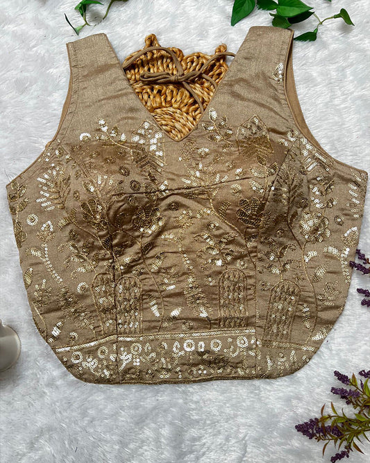 Cream Color Vichitra Silk Embroidered Blouse