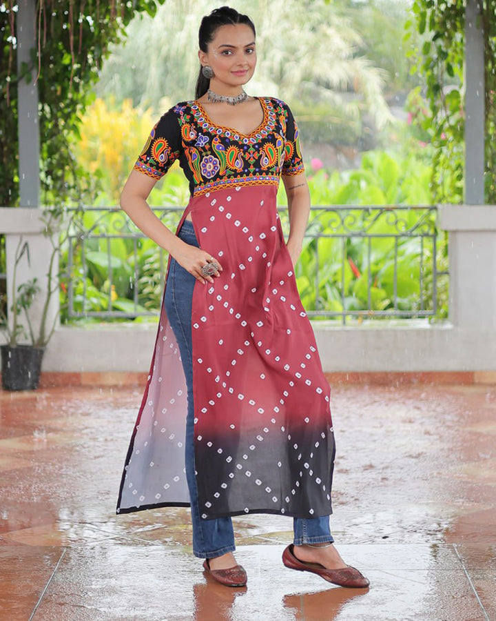 Navratri Special Maroon Black Color Rayon Kutchi Work Kurti