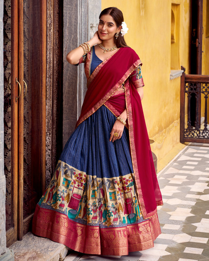 Navy Blue Color Poly Chanderi Kalamkari Printed Lehenga Choli