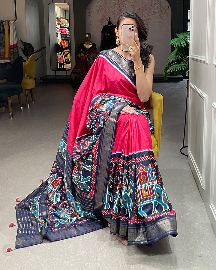Pink Color Patola Print With Foil Work Dola Silk Saree