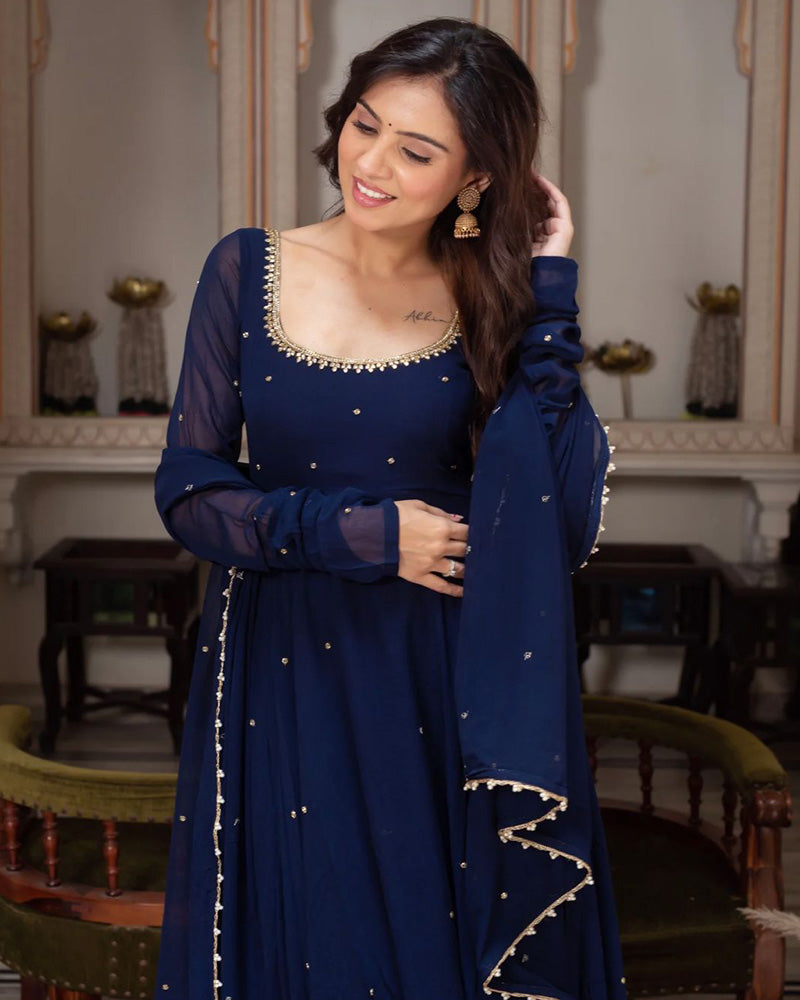 Royal Blue Color Georgette Anarkali Three Piece Suit