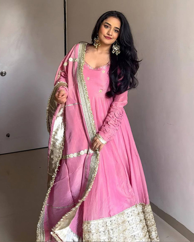 Baby Pink Color Pure Chinon Silk Embroidered Anarkali Suit