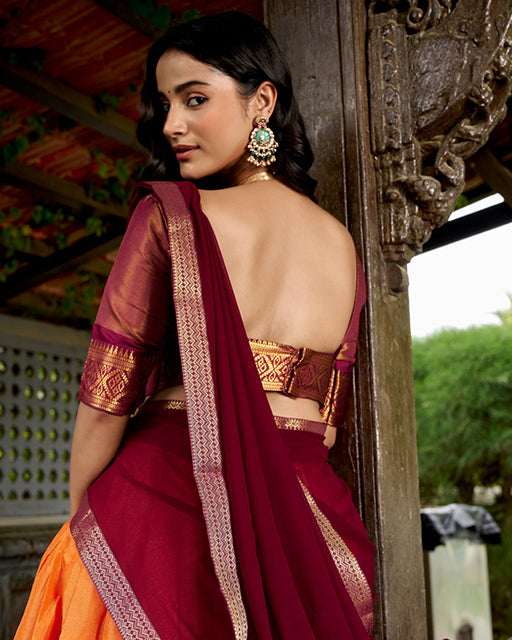 Elegant Orange Color Kanchipuram Designer Half Saree