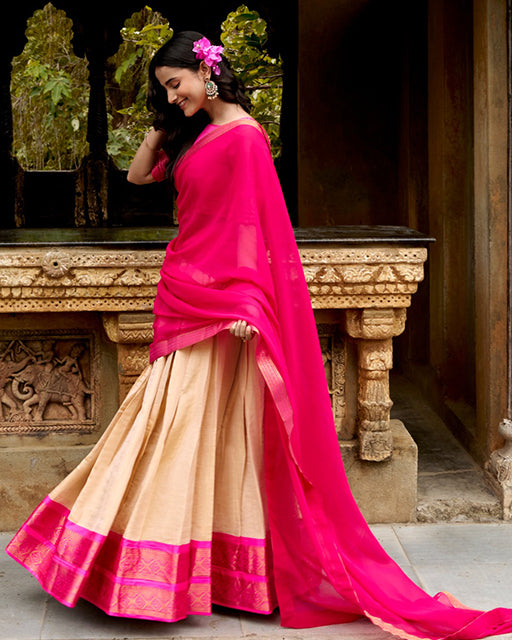 Elegant Beige Color Kanchipuram Designer Half Saree