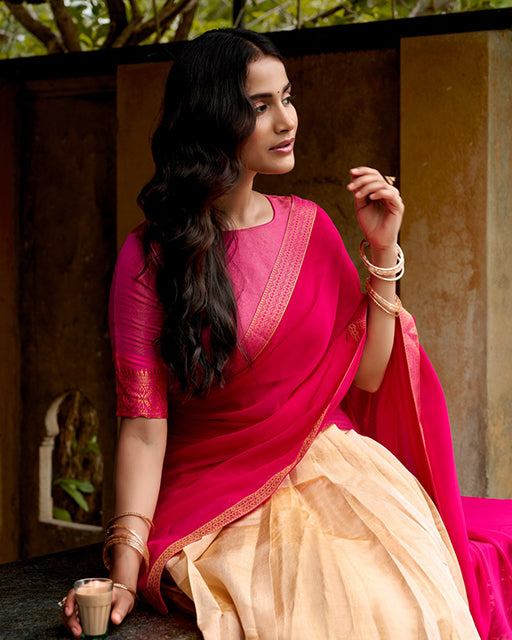 Elegant Beige Color Kanchipuram Designer Half Saree