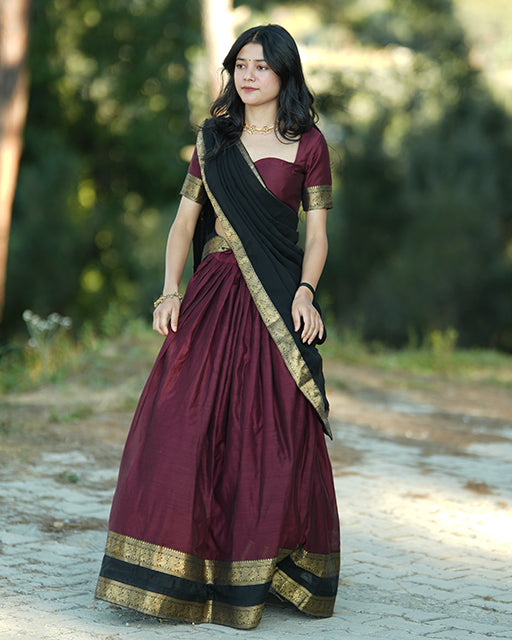 Wine Color Kanjivaram Silk Cultural Half Saree