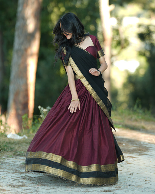 Wine Color Kanjivaram Silk Cultural Half Saree