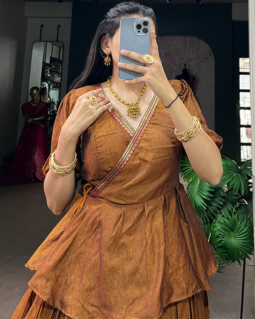 Copper Brown Narayan Pet cotton South Indian Lehenga Set
