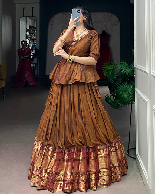 Copper Brown Narayan Pet cotton South Indian Lehenga Set
