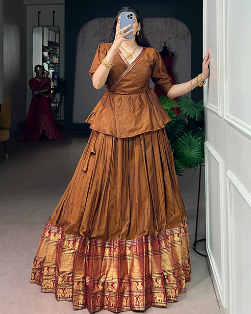 Copper Brown Narayan Pet cotton South Indian Lehenga Set