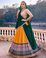 Royal Marwadi Yellow Color Bandhani And Ajarakh Print Lehenga Set