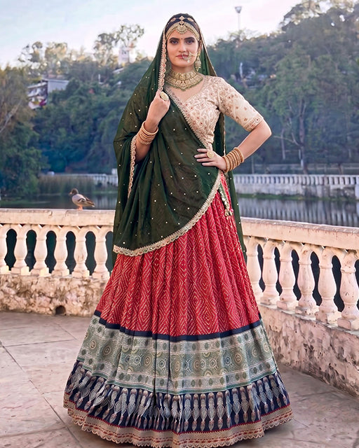 Royal Marwadi Red Color Bandhani And Ajarakh Print Lehenga Set