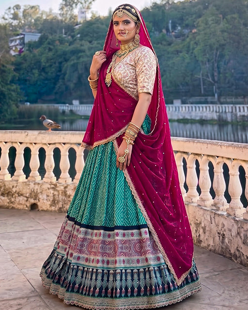 Royal Marwadi Bottle Green Color Bandhani And Ajarakh Print Lehenga Set