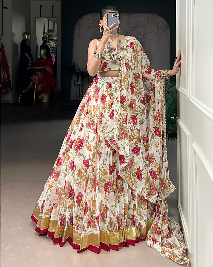 White Color Chiffon Floral And Foil Printed Lehenga Choli