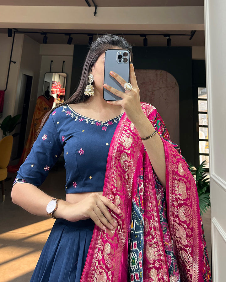 Navy Blue Color Pure Cotton Lehenga Choli