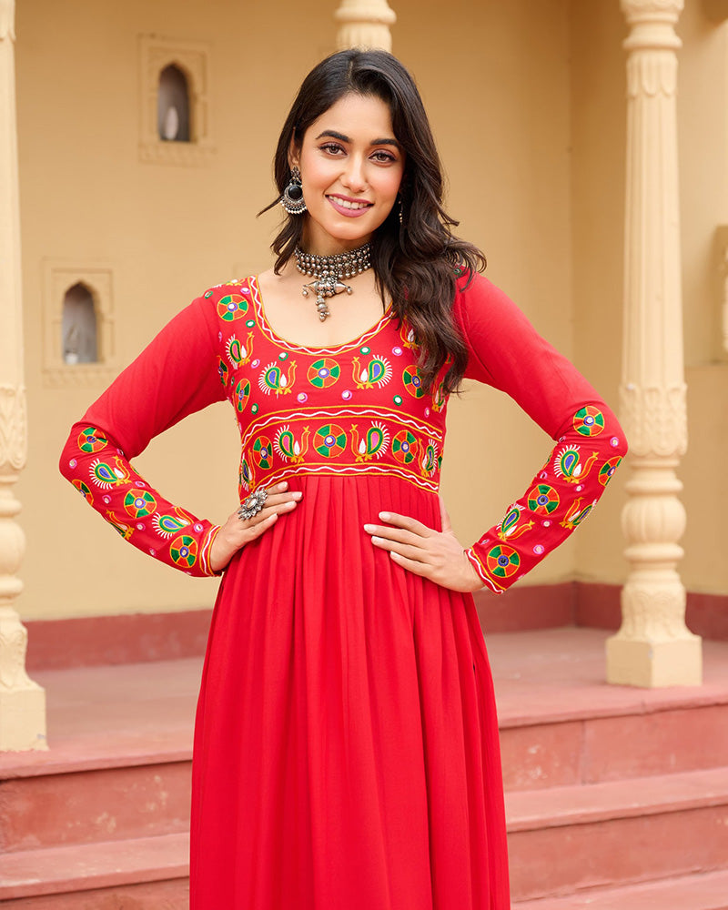 Vibrant Red Flared Rayon Kurti With Gamthi Work