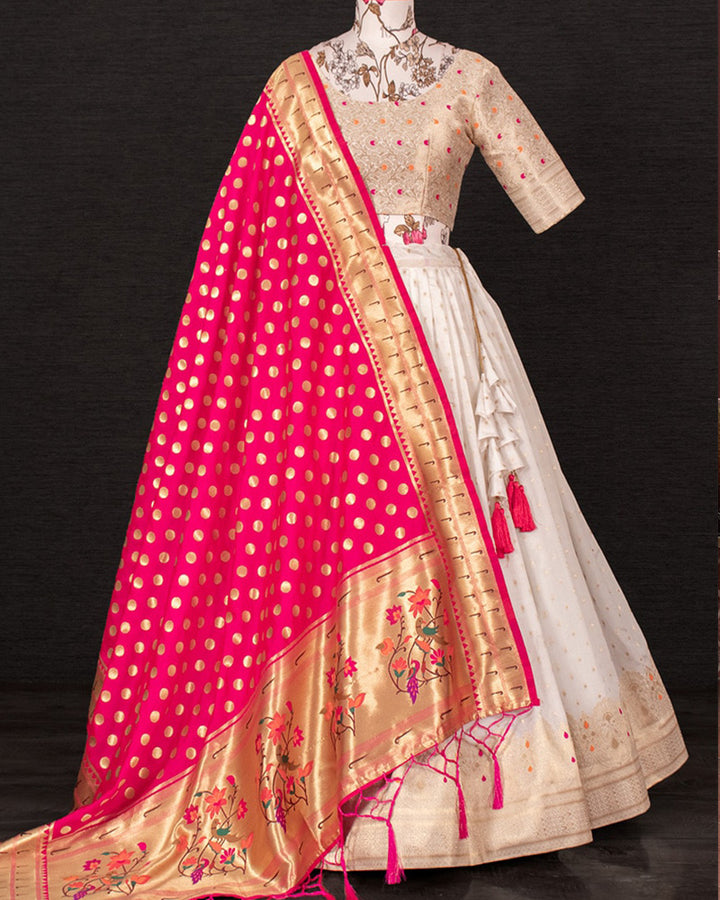 Amazing White With Pink Dupatta Nylon Silk Lehenga Choli