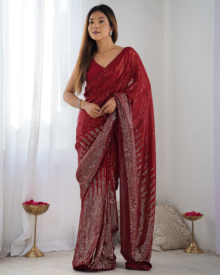 Red Color Heavy Georgette Sequence Embroidered Saree