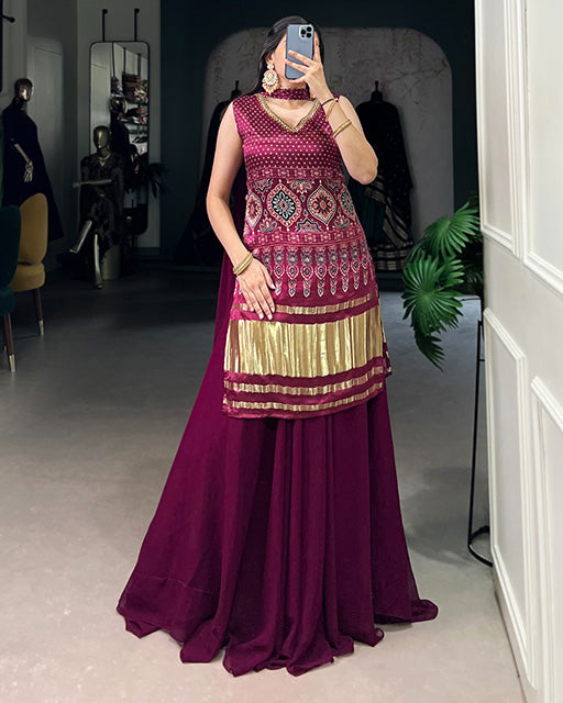 Designer Maroon Color Gaji Silk Three Piece Plazzo Suit