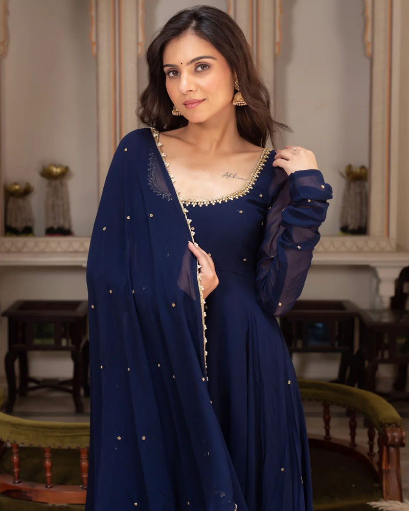 Royal Blue Color Georgette Anarkali Three Piece Suit